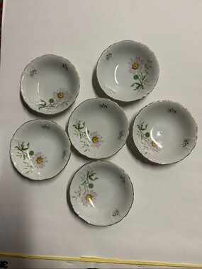 Fine Bohemian Porcelain Floral Dessert Bowls - White with Pink Flower (Set of 6)